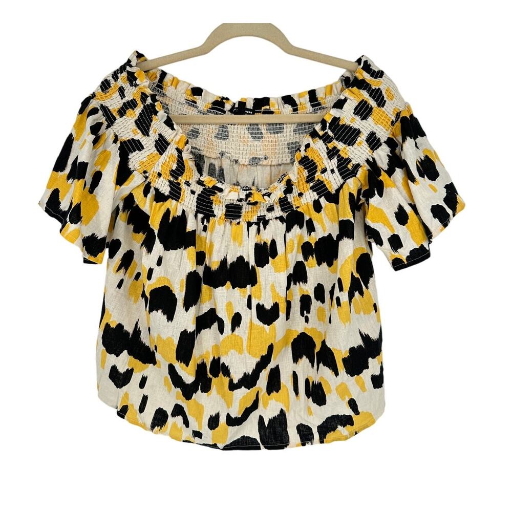 Who What Wear Linen Crop Top Yellow Animal Print Ruffled Off Shoulder Women's L